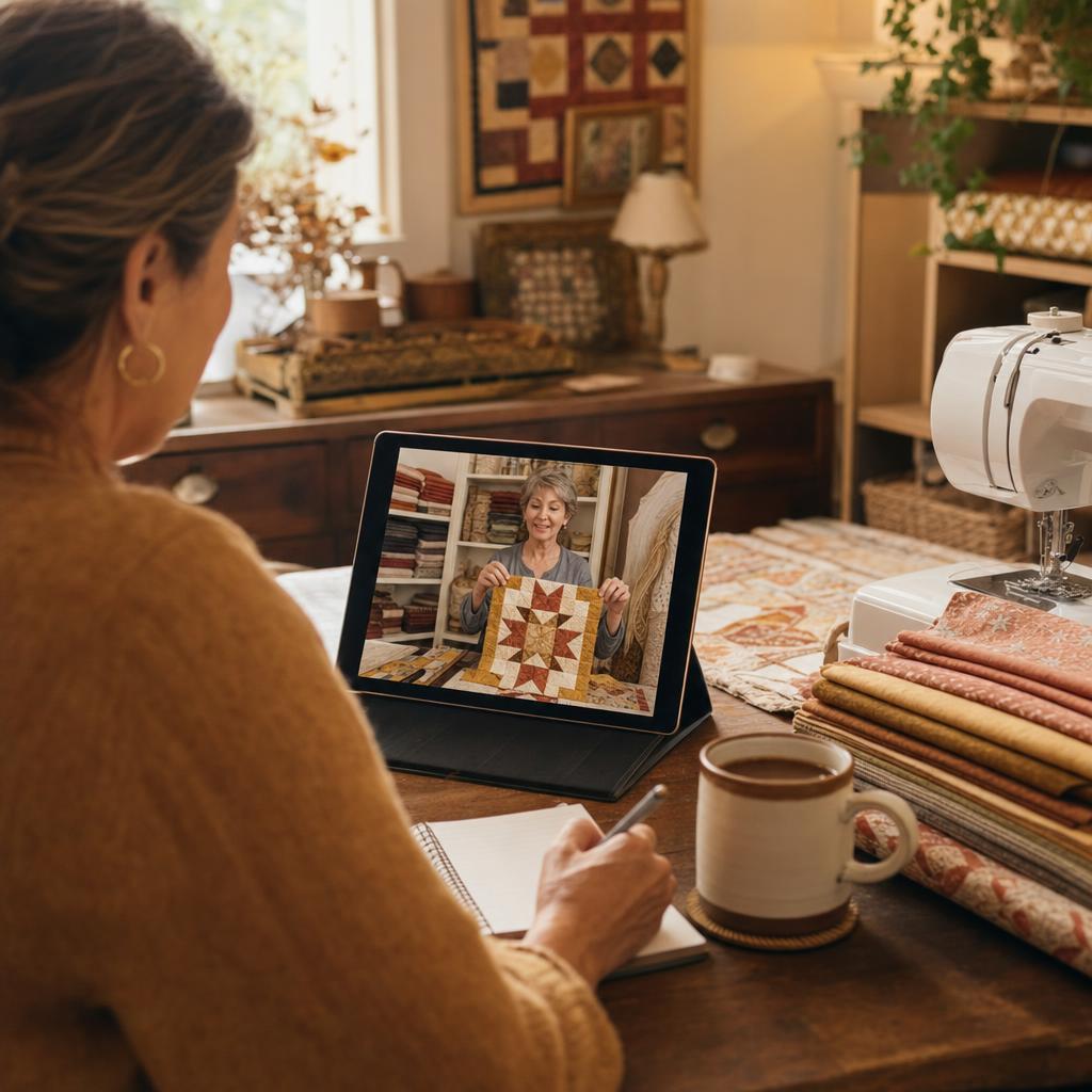 Quilter assistindo a aula online no tablet, ao lado da máquina de costura e dos tecidos, fazendo anotações